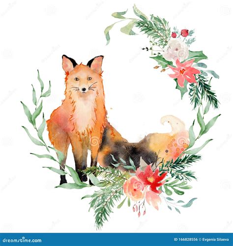 Watercolor Fox With Flowers Animal Illustration Isolated On White