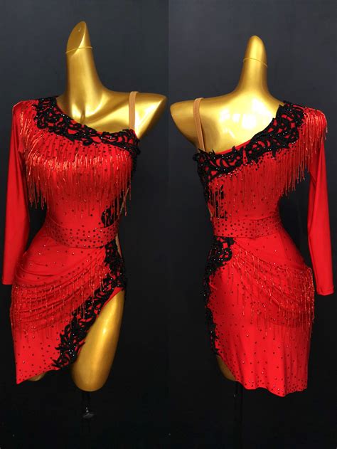 Red Latin Dance Dress With Beads And Black Lace Applique Red Etsy Uk