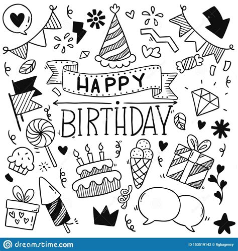 Hand Drawn Party Doodle Happy Birthday Ornaments Background Pattern Vector Illus