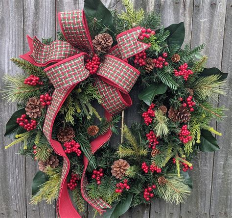 Christmas Wreath Primitive Winter Wreath Red And Green Plaid Check
