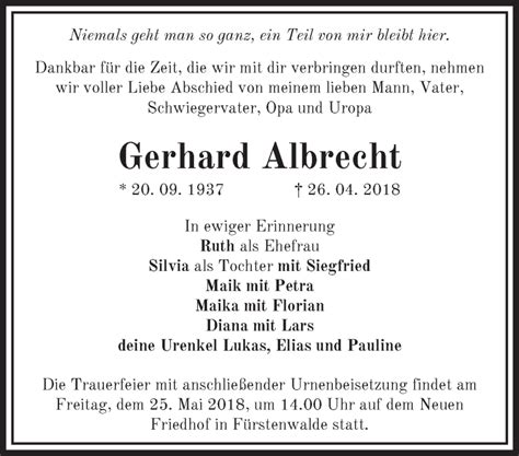Traueranzeigen Von Gerhard Albrecht Märkische Onlinezeitung Trauerportal