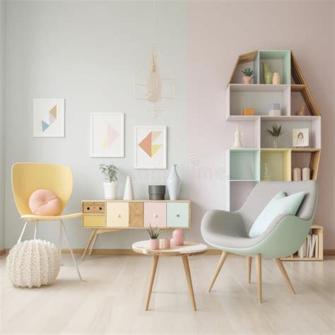 Interior In Pastel Colors With A Variety Of Furniture Stock