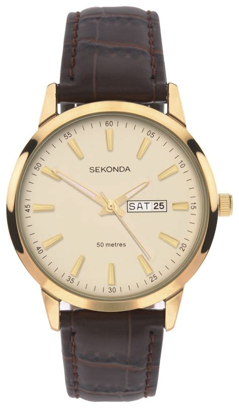Sekonda Mens Gold Plated Case Brown Leather Strap Watch 4087610