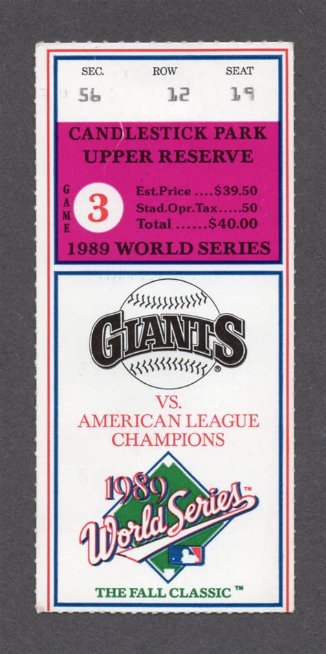 1989 World Series Game 3 Ticket Stub Earthquake Game Sf Giants Vs