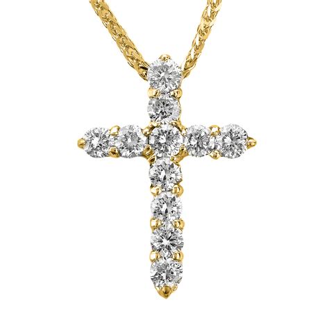 14k Yellow Gold Round Diamond Cross Pendant Necklace