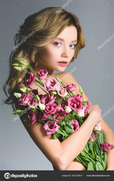 Beautiful Woman Holding Bouquet Eustoma Flowers Isolated Grey Stock