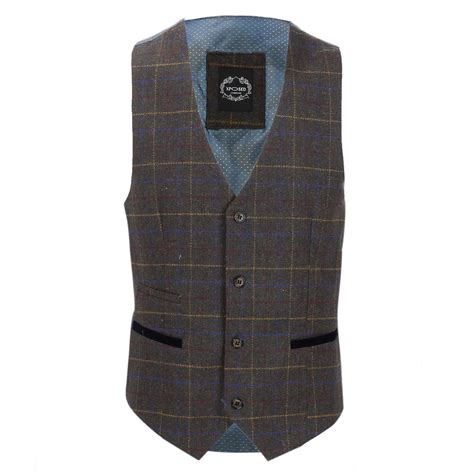 New Mens Waistcoat Retro Oak Brown Tweed Herringbone Check Vintage