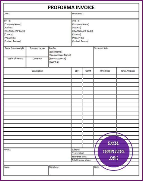 Proforma Invoice Template EXCELTEMPLATES Org