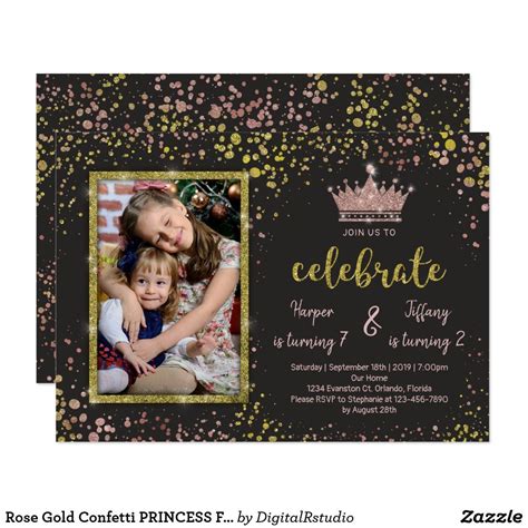 Rose Gold Confetti Princess Frends Joint Birthday Invitation Zazzle