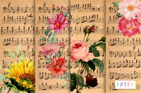 4 Free Vintage Floral Music Sheet Digital Paper Backgrounds Free
