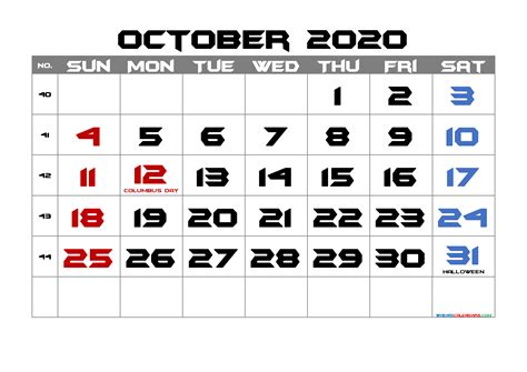 Free Printable October 2020 Calendar With Holidays Template Nobf20m10