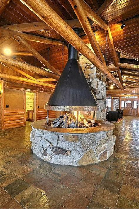 Round Open Fireplace Timber Moose Lodge Utah Tiny House Cabin