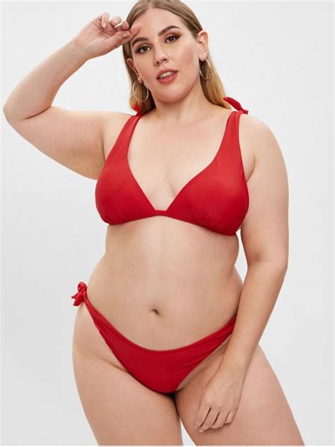 36 Off 2021 Zaful Tied High Leg Plus Size Bikini Set In Red Zaful