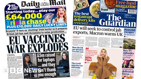 Newspaper Headlines Eu Vaccine War Explodes And Macron Attacks Oxford Jab Bbc News