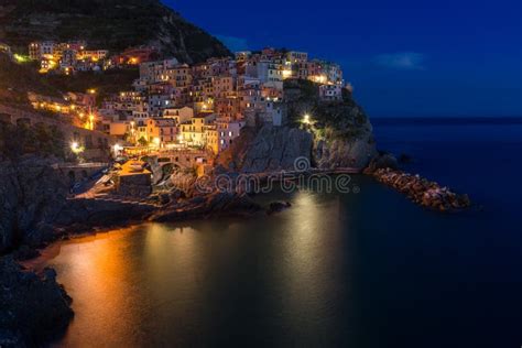 Manarola Village At Night Cinque Terre Italy Stock Photo Image Of