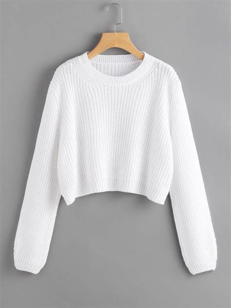 Shein Ribbed Purl Knit Cropped Sweater Cropped Sweater White Long