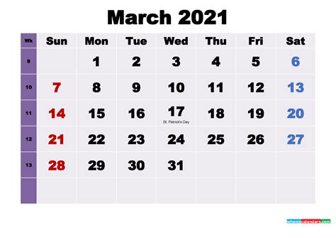 Printable 2021 Calendar By Month March