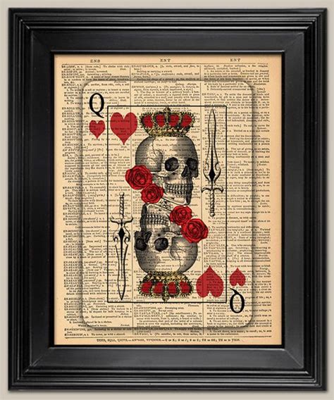 Skull Queen Of Hearts And Roses Playing Card Upcycled Vintage Etsy