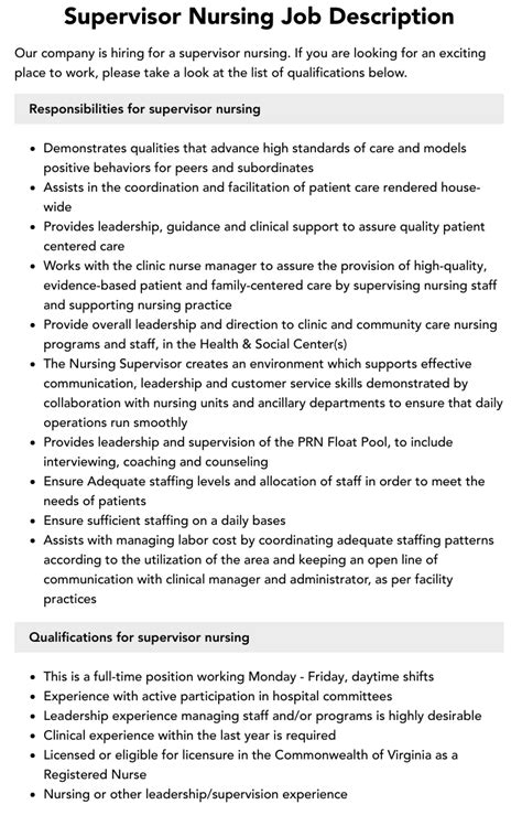 Supervisor Nursing Job Description Velvet Jobs