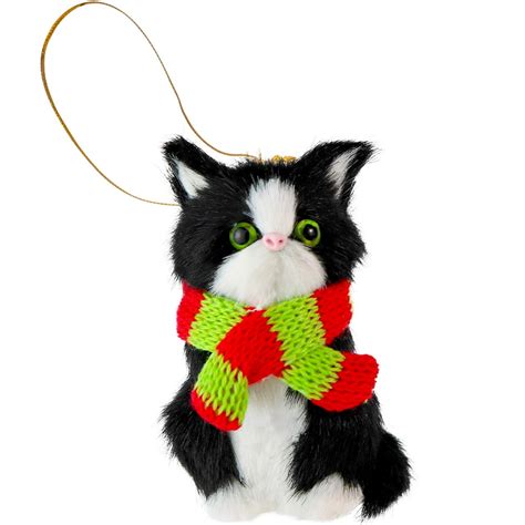 Ornativity Christmas Mini Cat Ornament Furry Black Kitten With Scarf