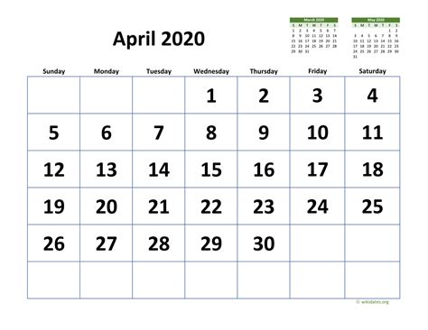 April 2020 Calendar With Extra Large Dates