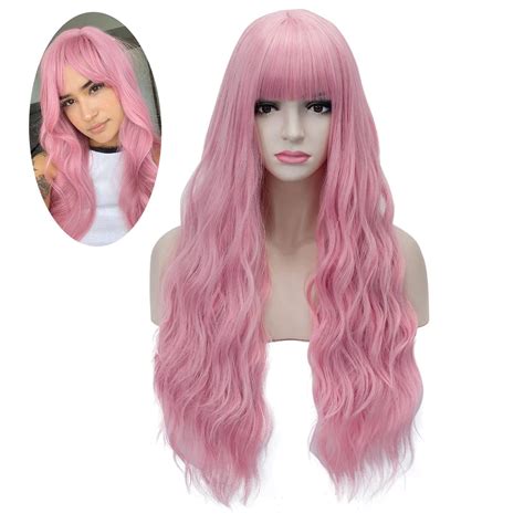 Falamka Pink Wig With Bangs For Women Long Curly Wavy Wig