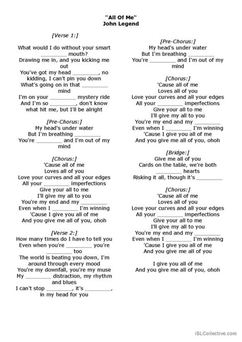 Song John Legend All Of Me English Esl Worksheets Pdf And Doc