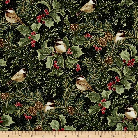 Chickadees And Berries Metallic Chickadees And Holly Allover Multi From