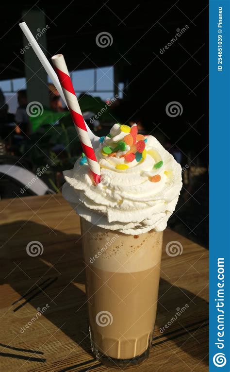 Cappuccino With Whipped Cream With Drinking Straw Stock Image Image