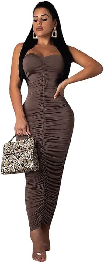 Bodycon Maxi Dresses For Women Ruched Strapless Bandeau Tube Top Tight Fitted Club Dress Midi