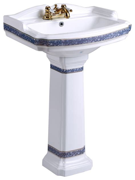 India Reserve Bathroom Pedestal Sink White Porcelain Blue
