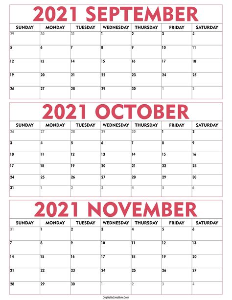 September October November 2021 Calendar Three Months