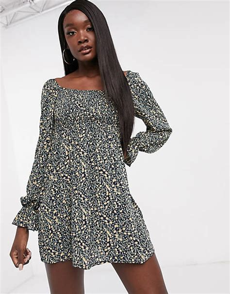 Missguided Long Sleeve Milkmaid Mini Dress With Shirred Detail In