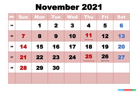 Printable November 2021 Calendar By Month
