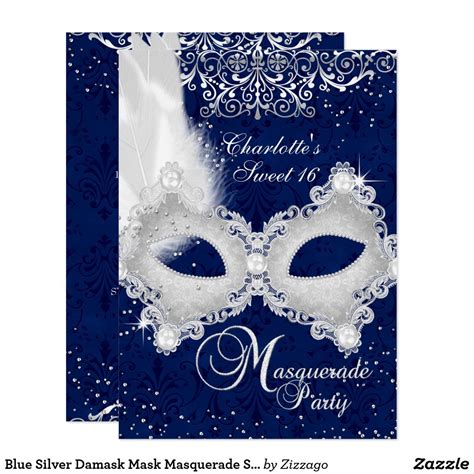 blue silver damask mask masquerade sweet 16 invite zazzle sweet 16 invitations sweet