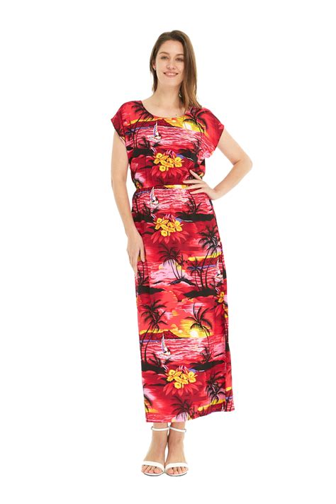 Womens Hawaiian Luau Cap Sleeve Maxi Simple Dress In Sunset