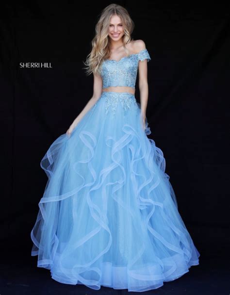 Sherri Hill 51617 Spring 2018 Collection Ypsilon Dresses Light Blue Off The Shoulder Textured
