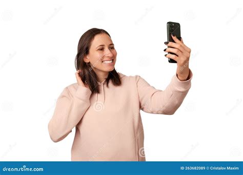 Young Smiling Shy Woman Is Taking A Selfie While Gentle Touching Her Hair Stock Image Image