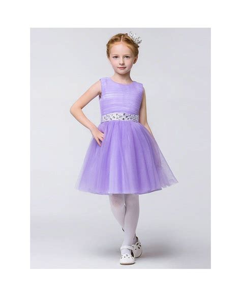 Lavender Crystals Tulle Ballroom Flower Girl Dress In Knee Length