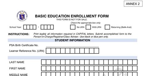 Printable Basic Education Enrollment Form Of Deped