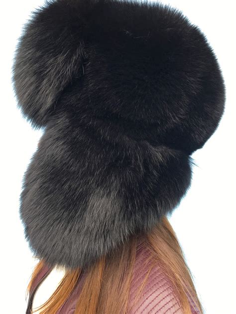 Jet Black Fox Fur Hat Full Ushanka Hat Adjustable Saga Furs Black Fur