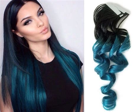 10 Aqua Teal Blue Ombre Tape In Hair Extensions With Dark Root Color