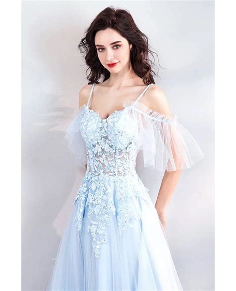 Fairy Blue Long Tulle Prom Dress Flowy With Straps Flowers Wholesale