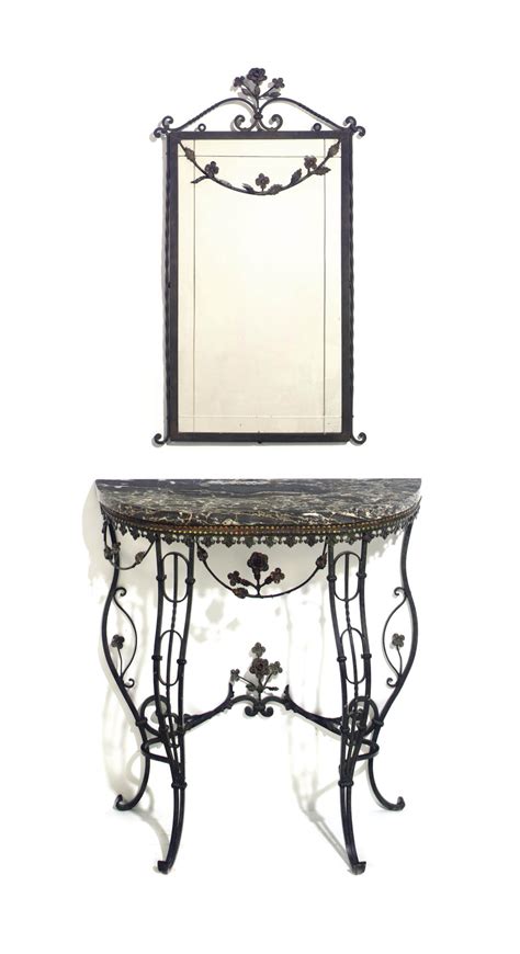 A French Wrought Iron And Marble Top Console Table Together With Mirror