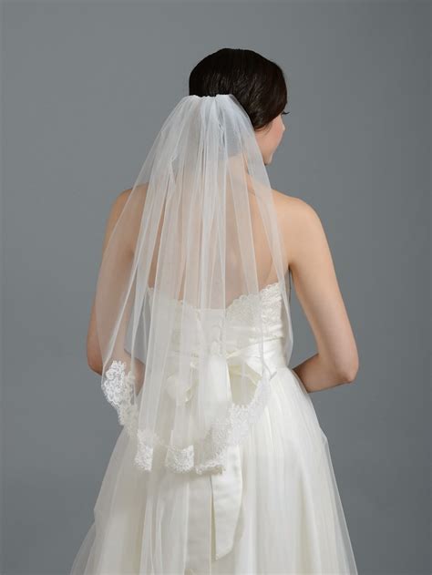 Ivory short elbow alencon lace wedding veil V050-V050
