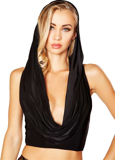 Sexy Deep V Front Hooded Cowl Neck Women Clubwear Edm Rave Crop Top