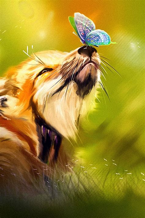 Download Wallpaper 800x1200 Fox Butterfly Cute Animal