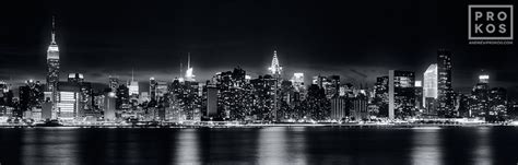 Panoramic Skyline Of New York City At Night Framed Black And White
