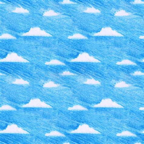 Hand Drawn Seamless Pattern Of Blue Sky And White Clouds In Freehand Color Pencil Style Stock