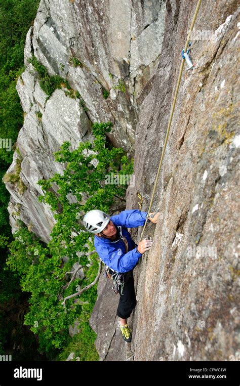 A Rock Climber On Merlin Direct Tremadog Stock Photo Alamy